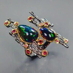 Ring 3CT Black Opal with Rhodolite Accents 925 Free size